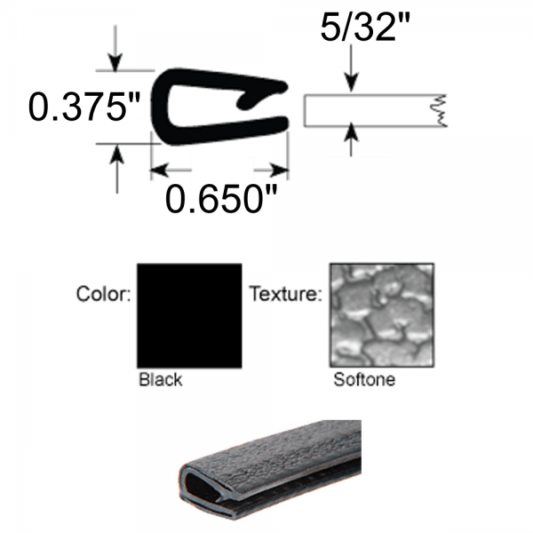 Cooper Standard - Quick Edge Trim / Windlace - Single Lip / "Long Leg" / Black Sof-Tone / 1/8" - 3/16" Edge - FREE SAMPLE